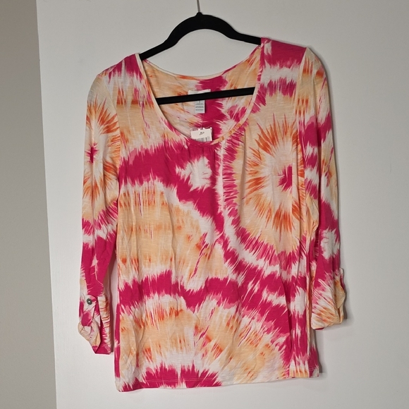 Chico's Tops - Chico's Pink and Orange Tie-Dye Scoop Neck Long Sleeve Top